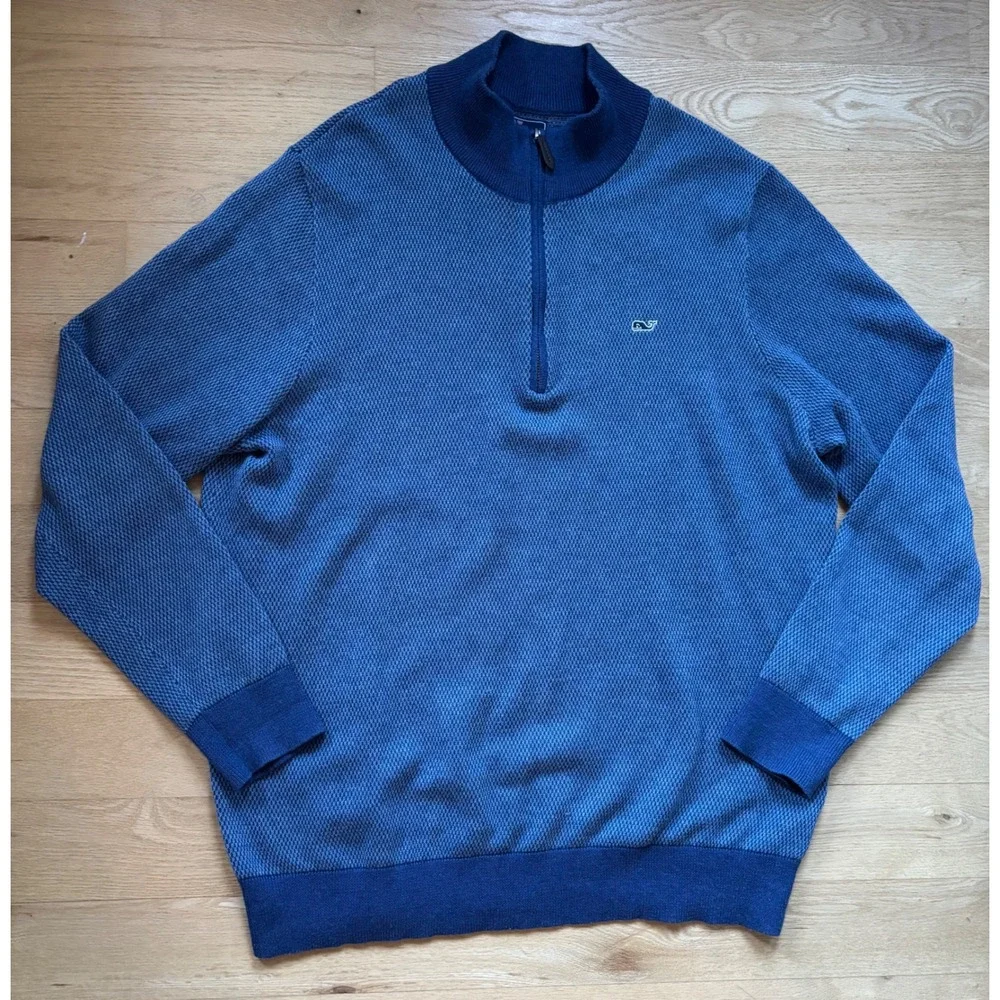Vineyard Vines Mens Hamilton 1/4 Zip 1/2 Blue Sweater Large Cotton Wool Blend